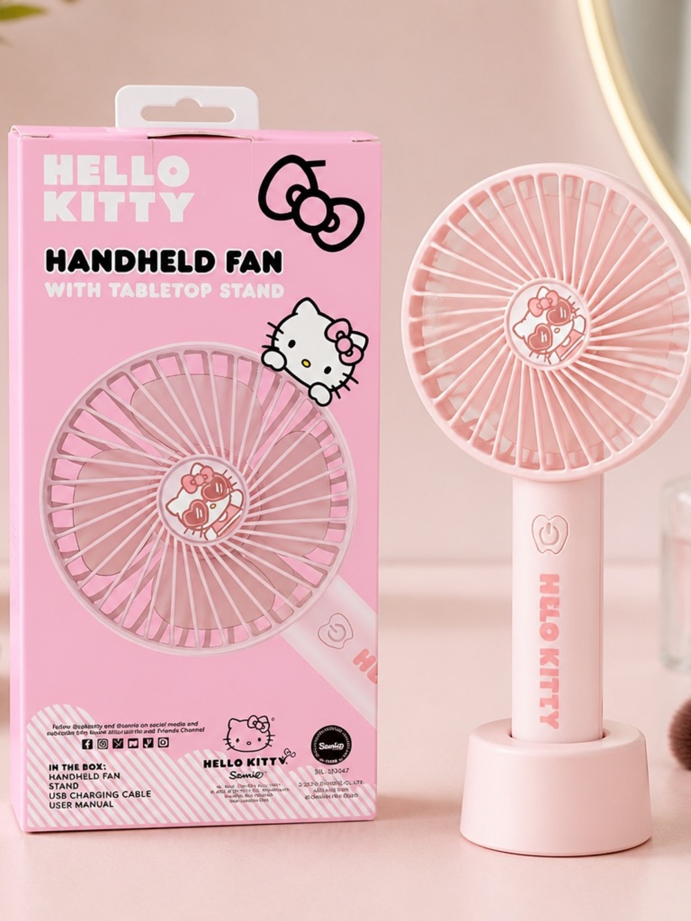 Hello Kitty Pink Handheld Fan with Tabletop Stand